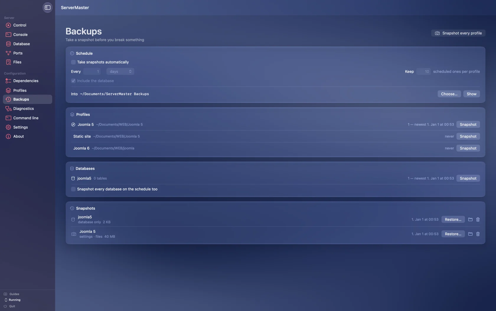Backups screen with interval and retention settings, per-profile snapshots, database backups, and restore controls.