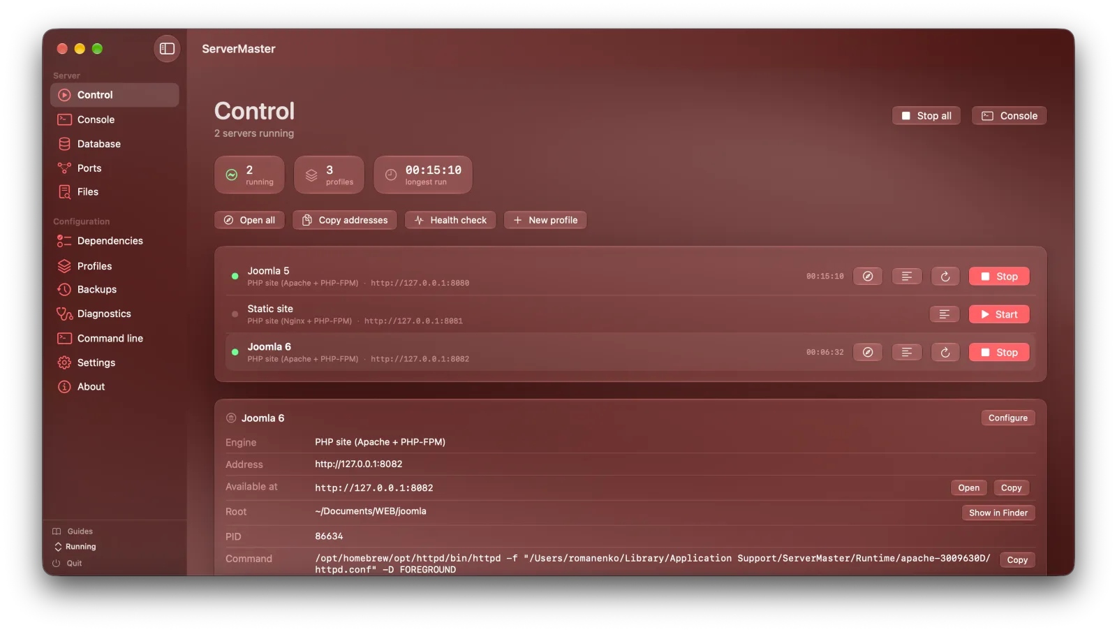 ServerMaster Control screen showing several server profiles and their running state.