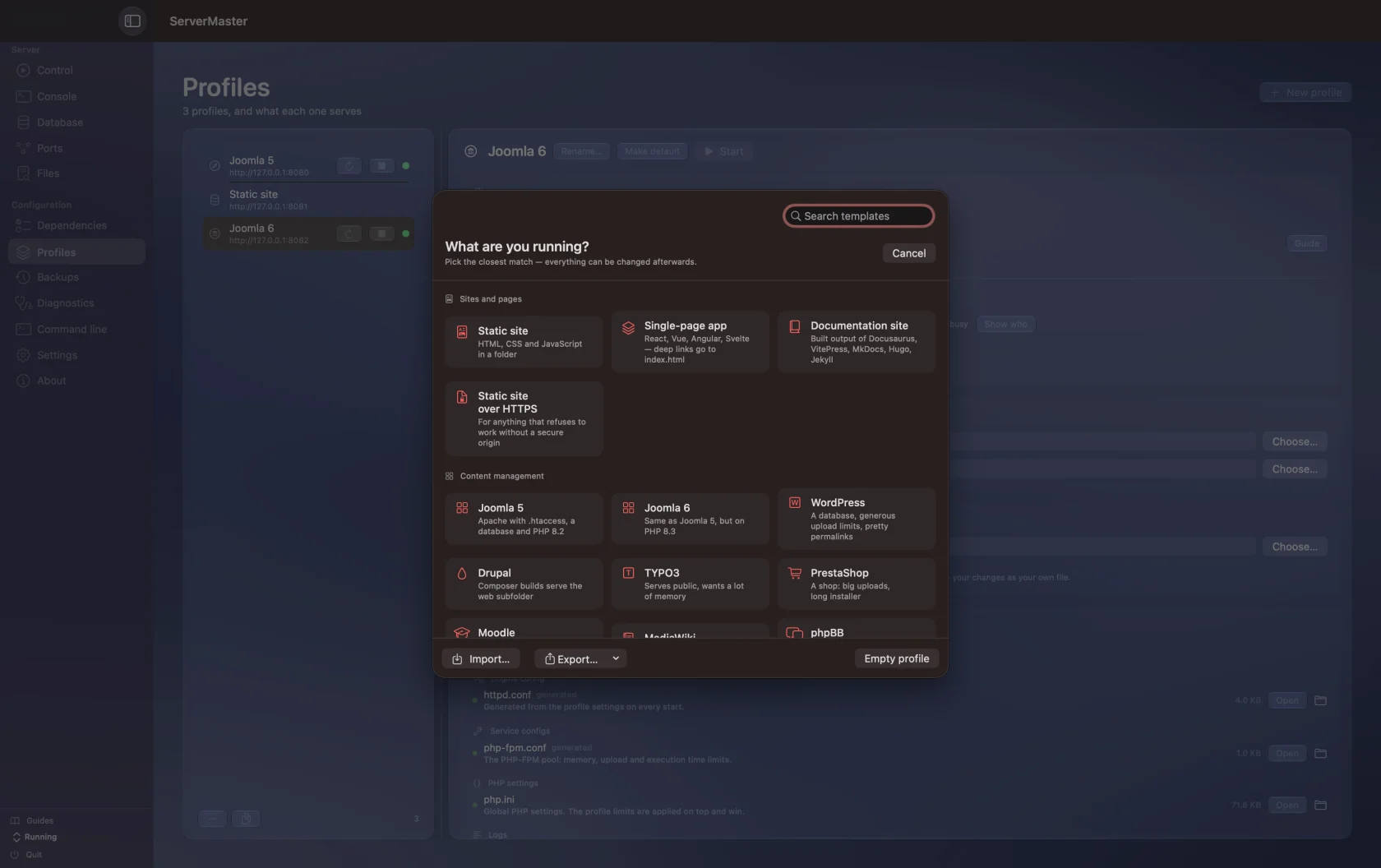 The new-profile wizard offers templates for static sites, single-page apps, Joomla, WordPress, and other project types.